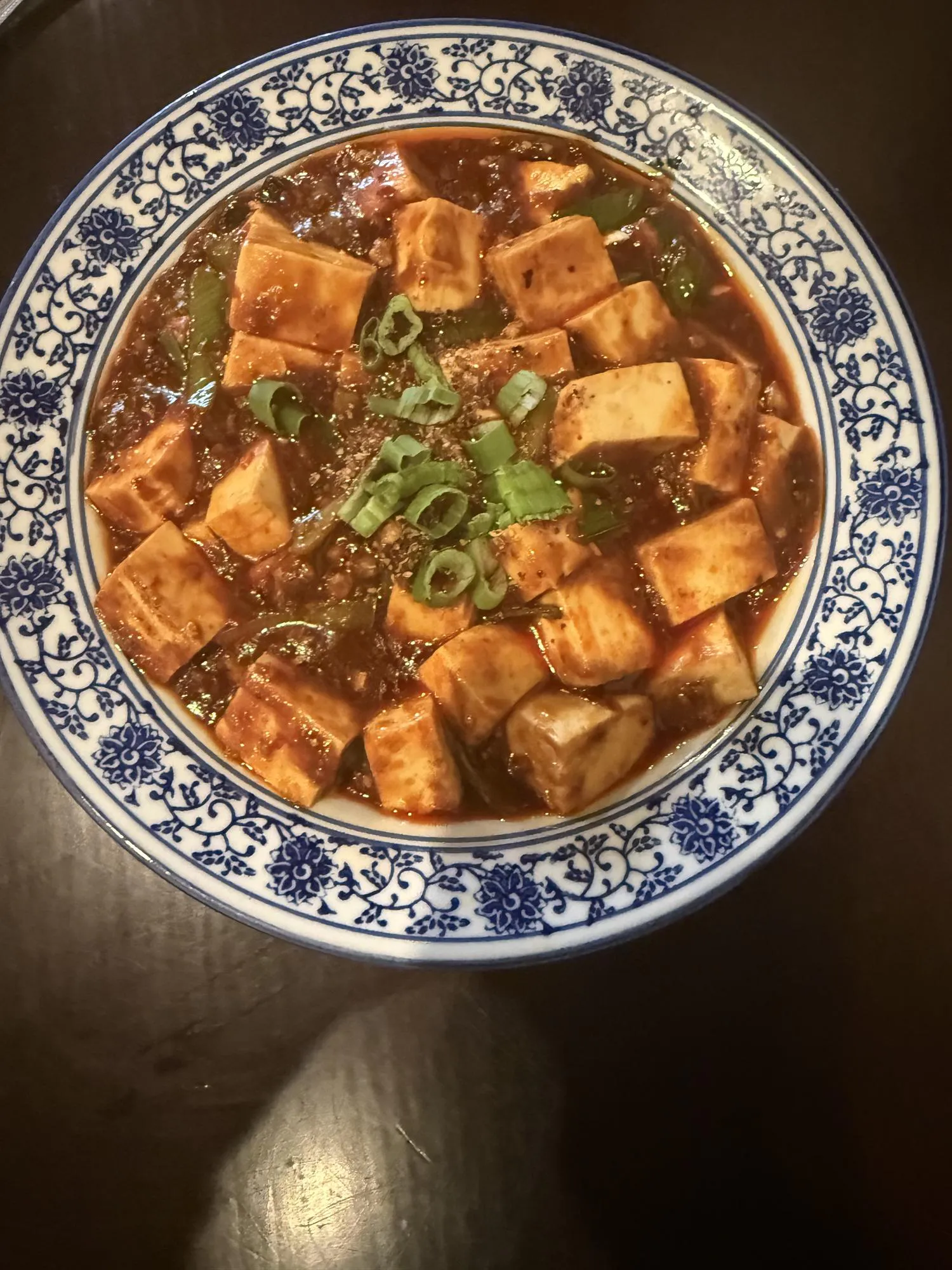 Mapo tofu with silken tofu cubes in spicy Sichuan sauce and scallions at ShangWei Szechuan, a Chinese Restaurant in Bethlehem